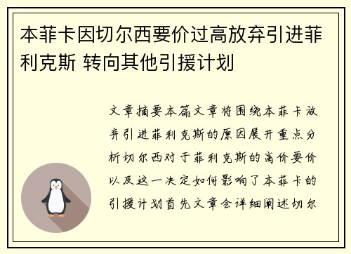 本菲卡因切尔西要价过高放弃引进菲利克斯 转向其他引援计划