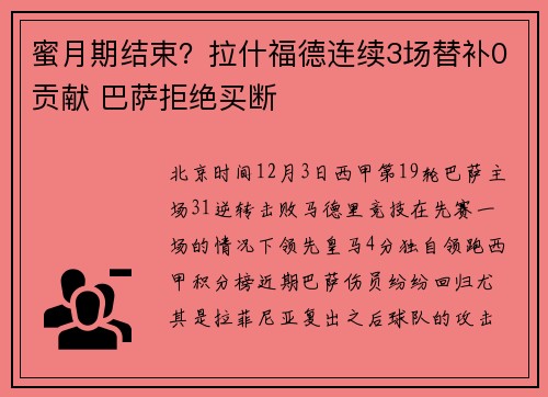 蜜月期结束？拉什福德连续3场替补0贡献 巴萨拒绝买断